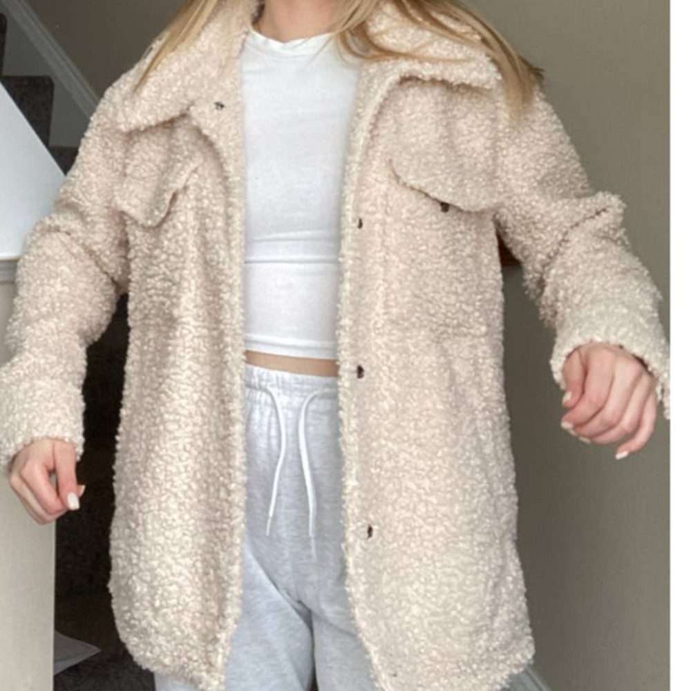 Cream shearling shirt jacket, size small